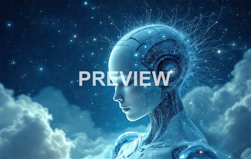 A futuristic female robot with a sleek, metallic face and a digital, glowing headpiece, set against a starry night sky with clouds.